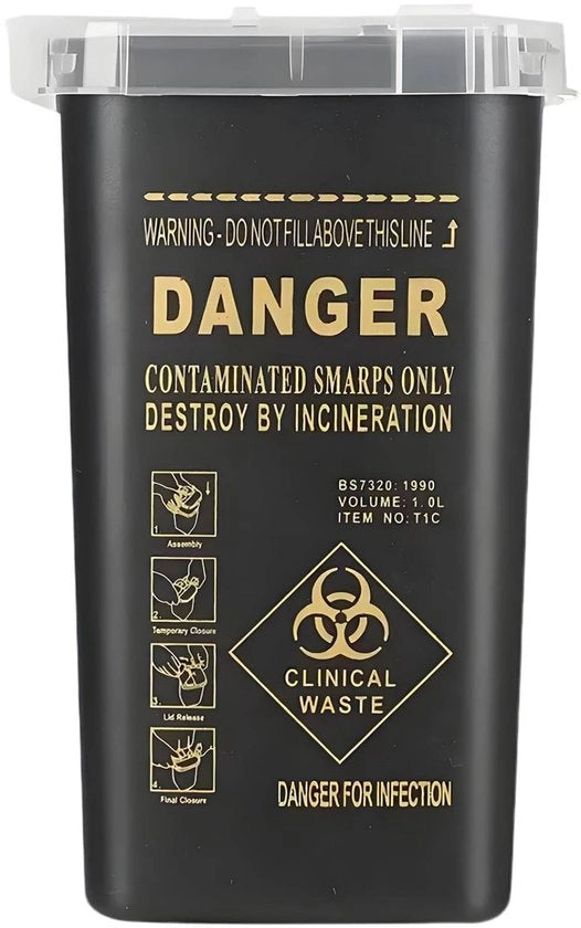 Contenitore per aghi da tatuaggio 1 litro - Perforazione resistente - Compattabile e portatile - Design chiusura a cerniera - Facile da pulire - Cassetto per rifiuti