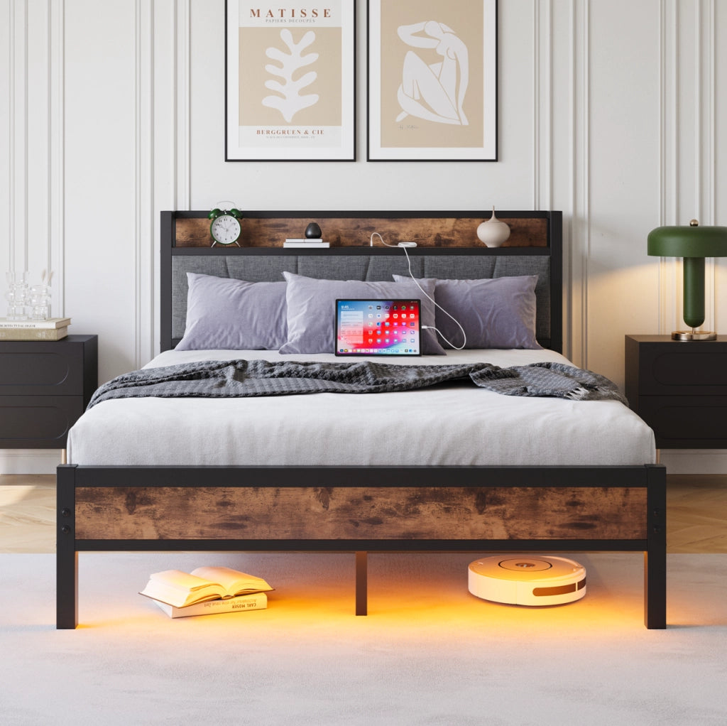 Letto 140x200 cm con LED, testiera contenitore e porte USB
