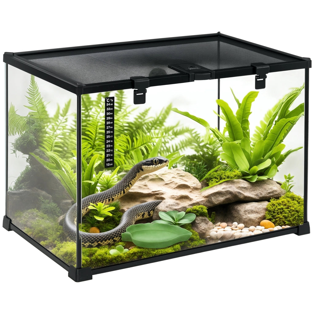 Terrario per Rettili Rialzato ¨C Xylo ¨C Vetro e Rete Metallica con Serratura e Termometro, 50x30x35 cm, Nero