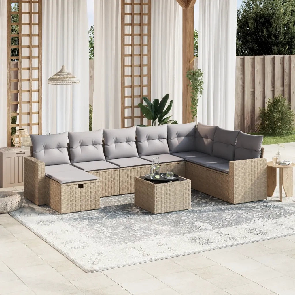 Set Divano da Giardino 9 pz con Cuscini Beige Misto Polyrattan
