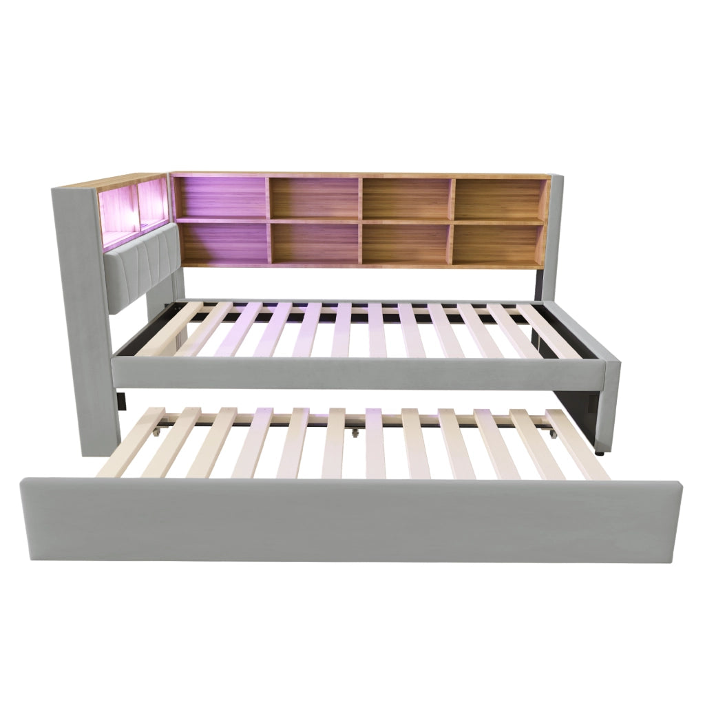 Letto estraibile matrimoniale 90×200 cm e 90×190 cm con LED; USB e ripiani; senza materasso; grigio chiaro