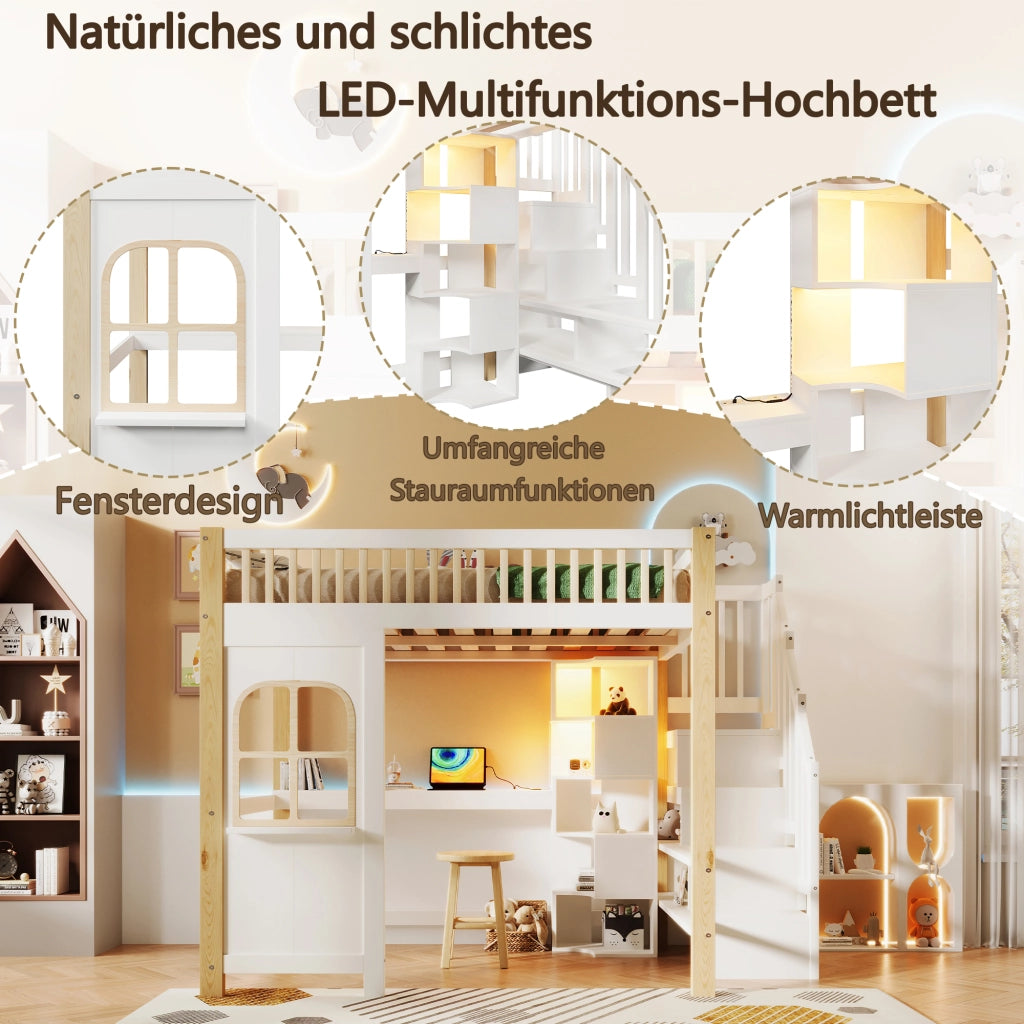 Letto a soppalco matrimoniale 140×200 cm con LED; scrivania; ripiani e scala contenitore; senza materasso; bianco naturale