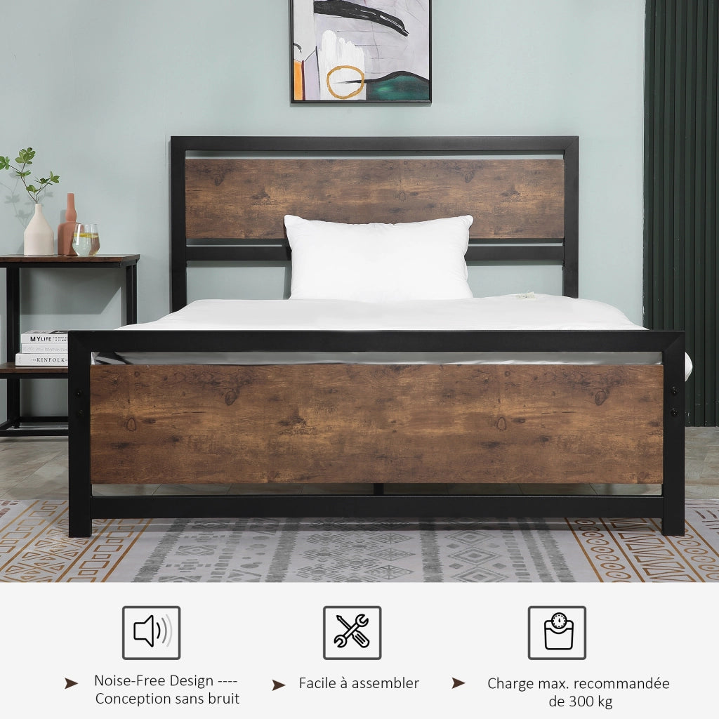 Letto matrimoniale in metallo con testiera e rete a doghe ¨C Xylo ¨C 140x190 cm effetto legno scuro