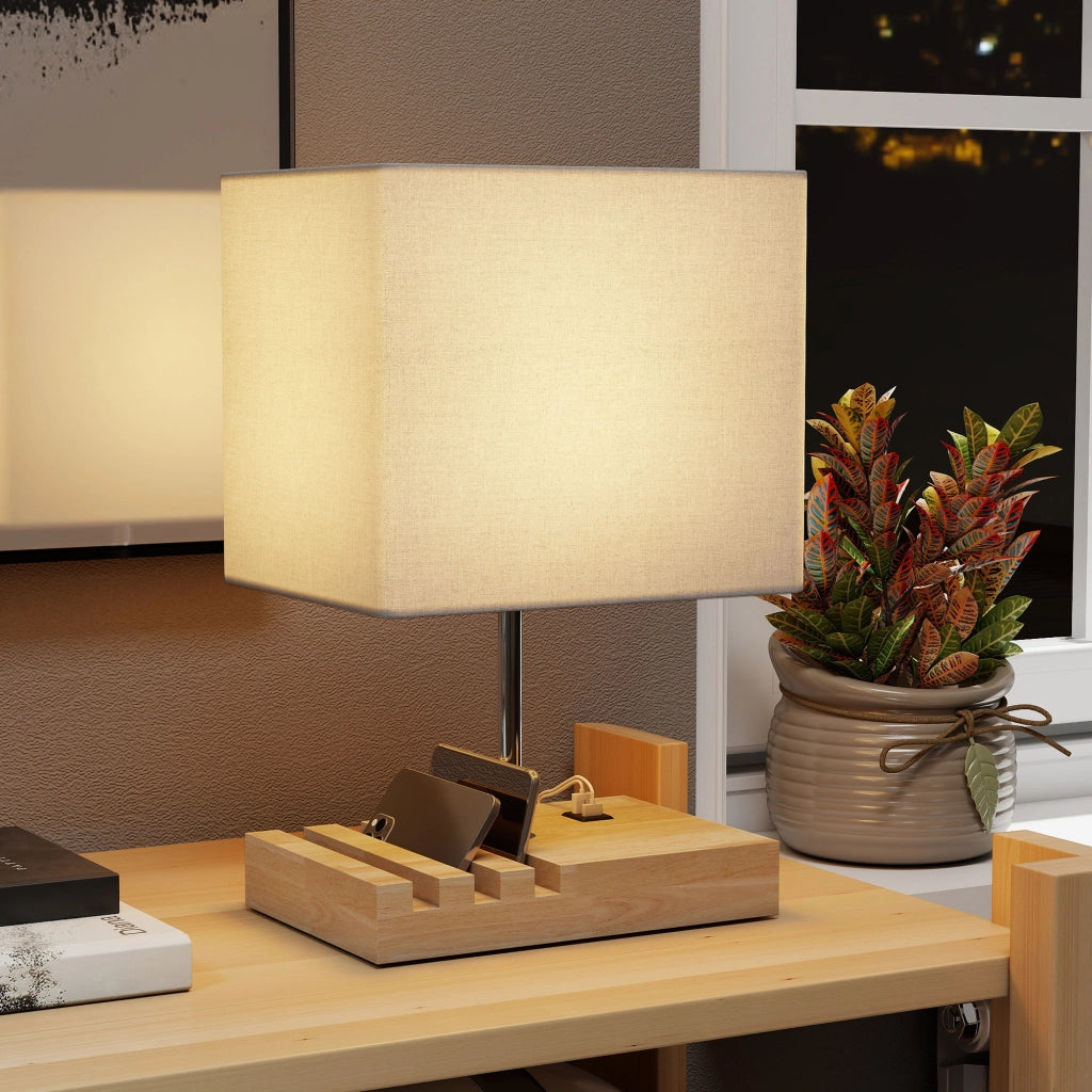 Lampada da Tavolo con Base in Legno e USB ¨C Minimal ¨C Bianco