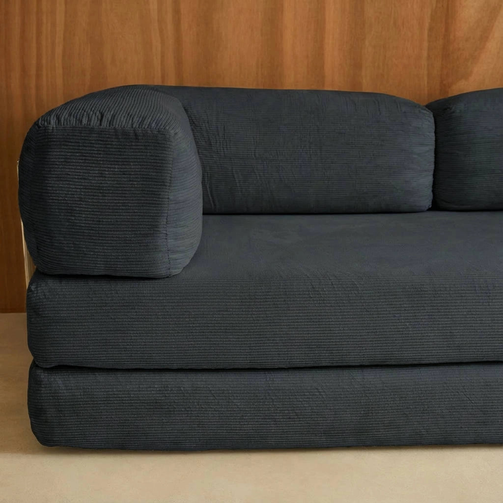 Divano letto futon in velluto a coste e struttura cromata, antracite