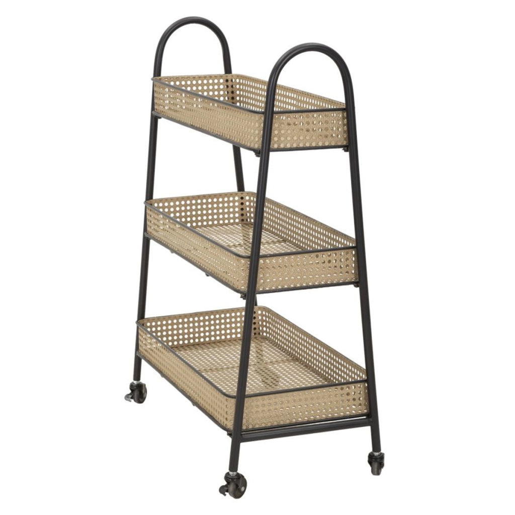 Carrello Fuji a 3 cesti in rattan e ferro nero su ruote — 60x30x80 cm