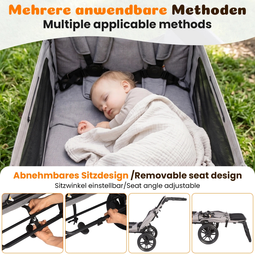 Carrello pieghevole di grandi dimensioni con 4 posti, grigio chiaro, sedile trasformabile in ampia sdraio, maniglione regolabile in 8 posizioni, piegh