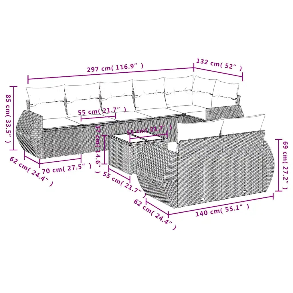 Set Divano da Giardino 9pz con Cuscini Grigio Chiaro Polyrattan 3221631