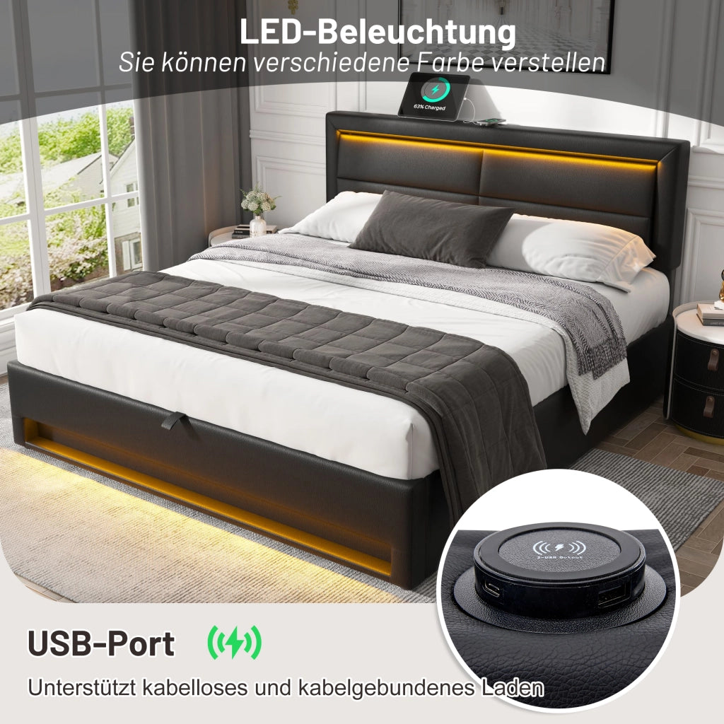 LETTO Imbottito 160x200 cm PU Nero con USB, LED e vano contenitore