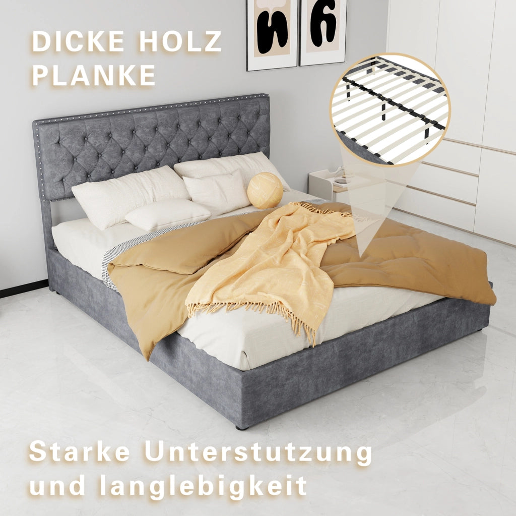 Letto matrimoniale 160 x 200 cm in velluto grigio con testiera alta e rete a doghe