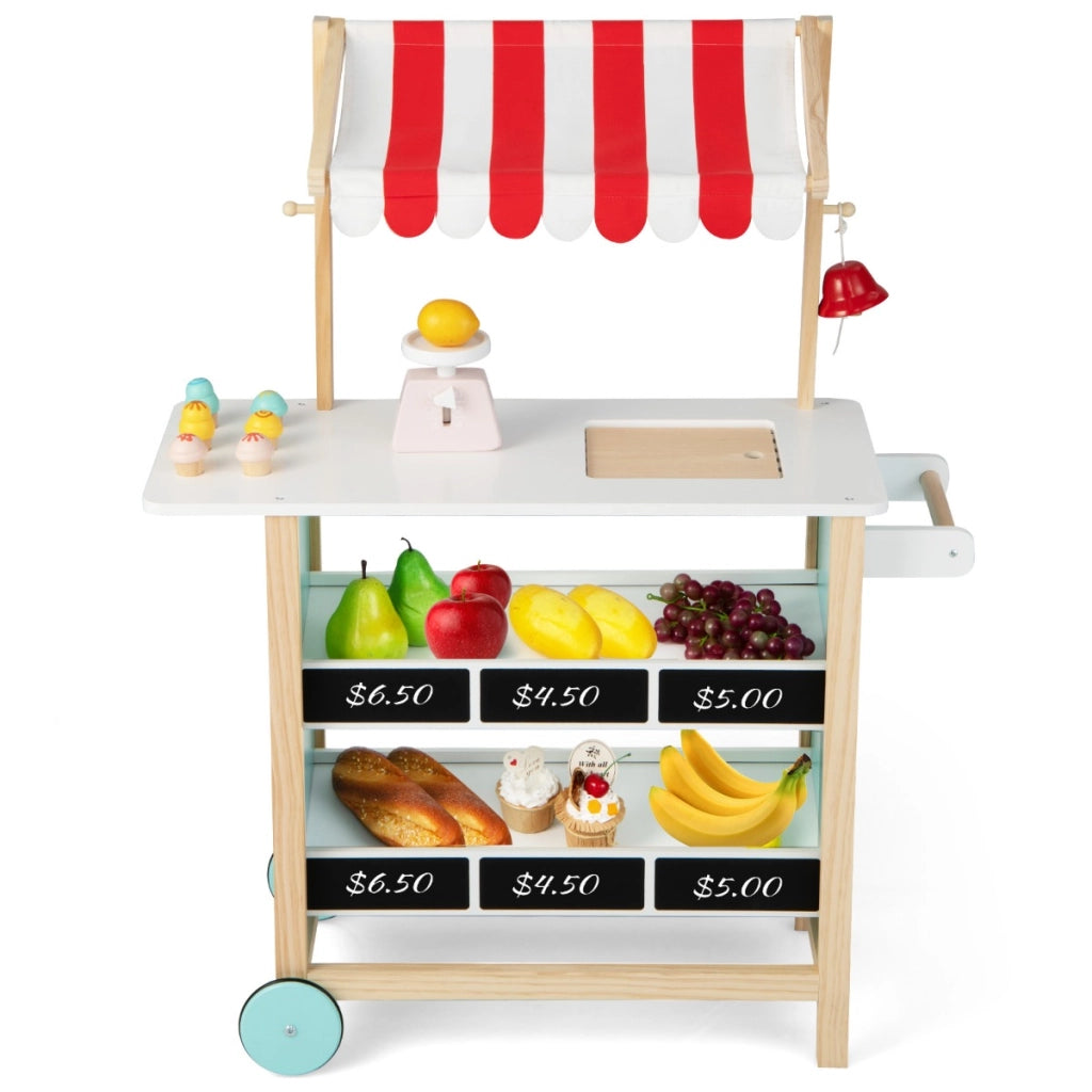 Carretto dei gelati con ripiani di legno per bambini +3 anni, Supermercato per bambini con 6 gelati giocattolo Rosso-Cucine giocattoli