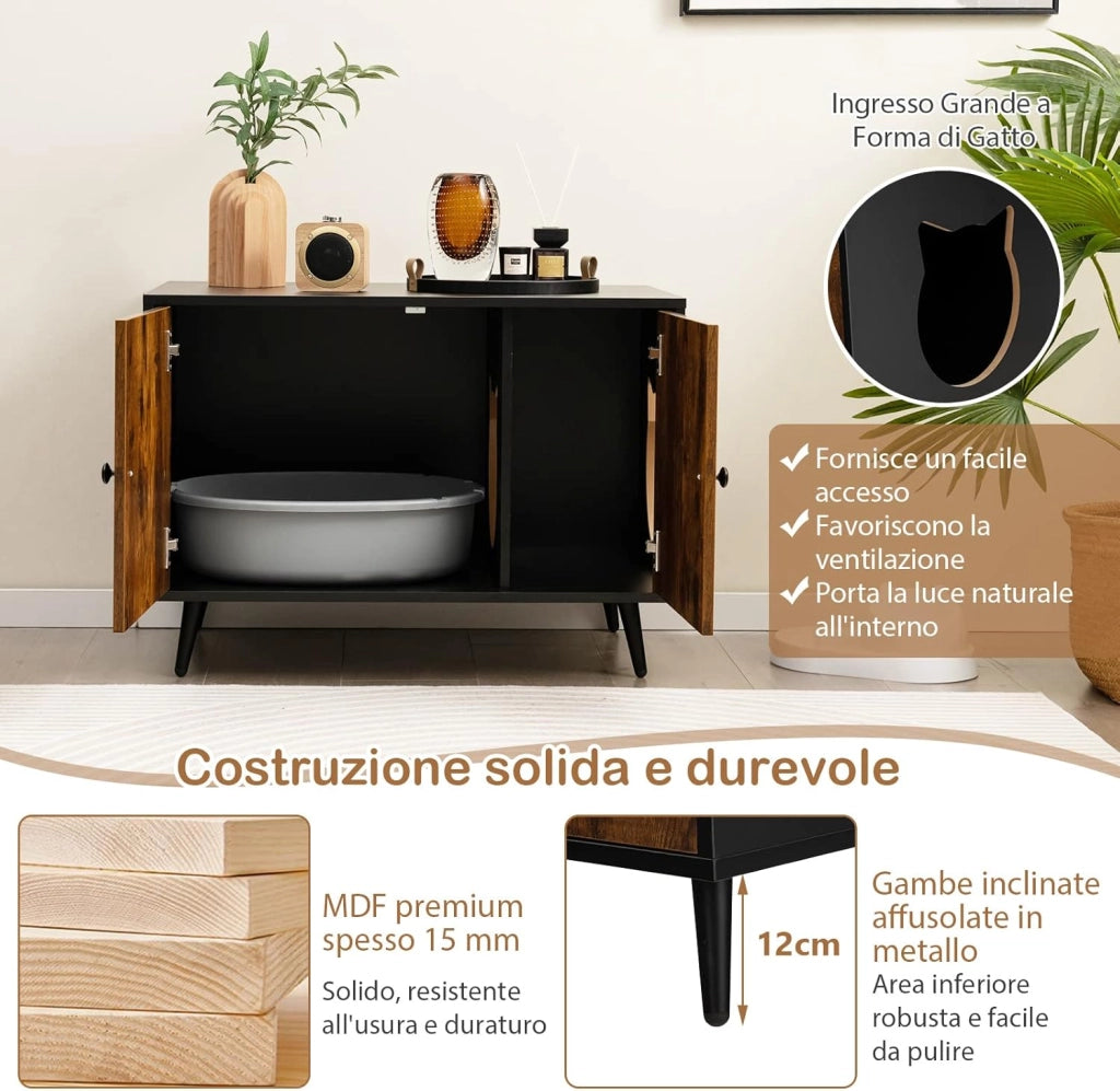 Mobile per Lettiera per Gatti, Casetta per Gatti con Divisore e 2 Ingressi a Forma di Testa di Gatto, Tavolino in Legno Versatile per Salotto, 80 x 50 x 57 cm, Marrone e Nero