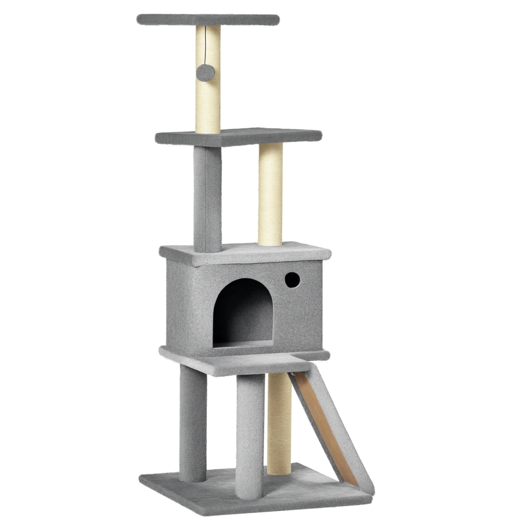 Albero Tiragraffi Multilivello con Casetta 48x48x125 cm Rivestimento in Peluche e Sisal Grigio