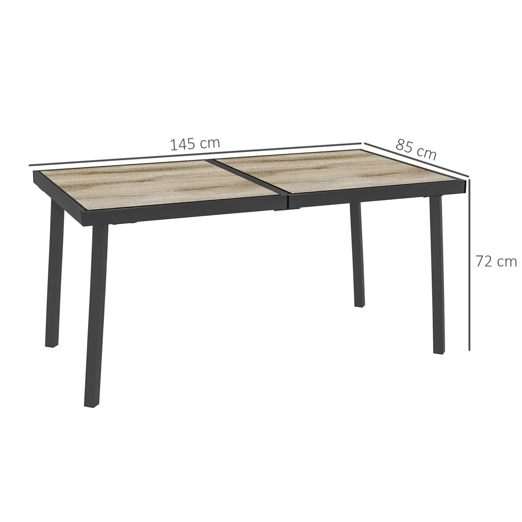 DESMIU Tavolo da Giardino Rettangolare in Acciaio con Piano Effetto Legno per 6 Persone, Grigio, 145 × 85 × 72 cm
