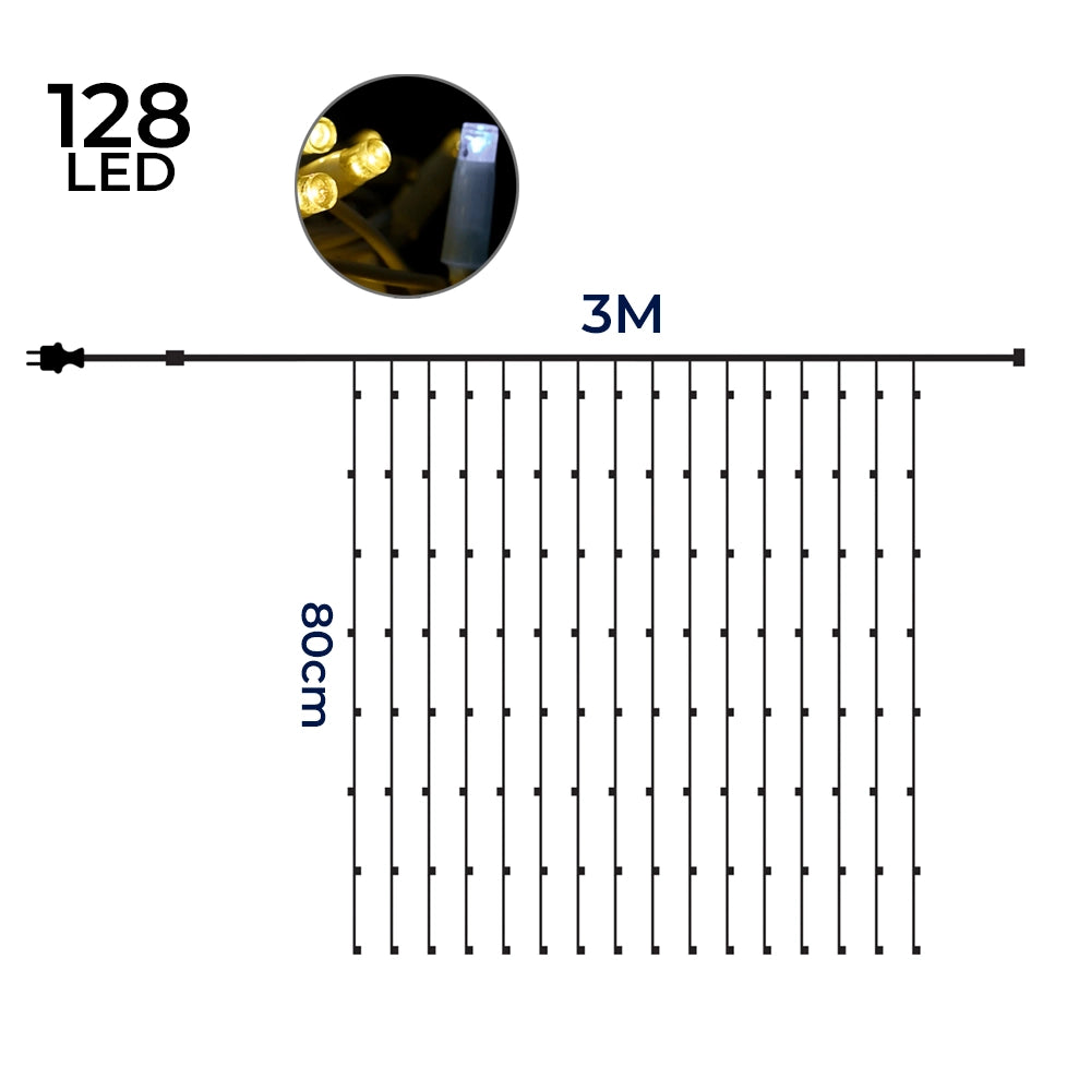 Tenda Luminosa 3x0,8m 128 Maxi LED Reflex Caldo Fisso + Flash Bianco IP67 Prolungabile Cavo Gommato Bianco per Natale Matrimoni Eventi luci natalizie