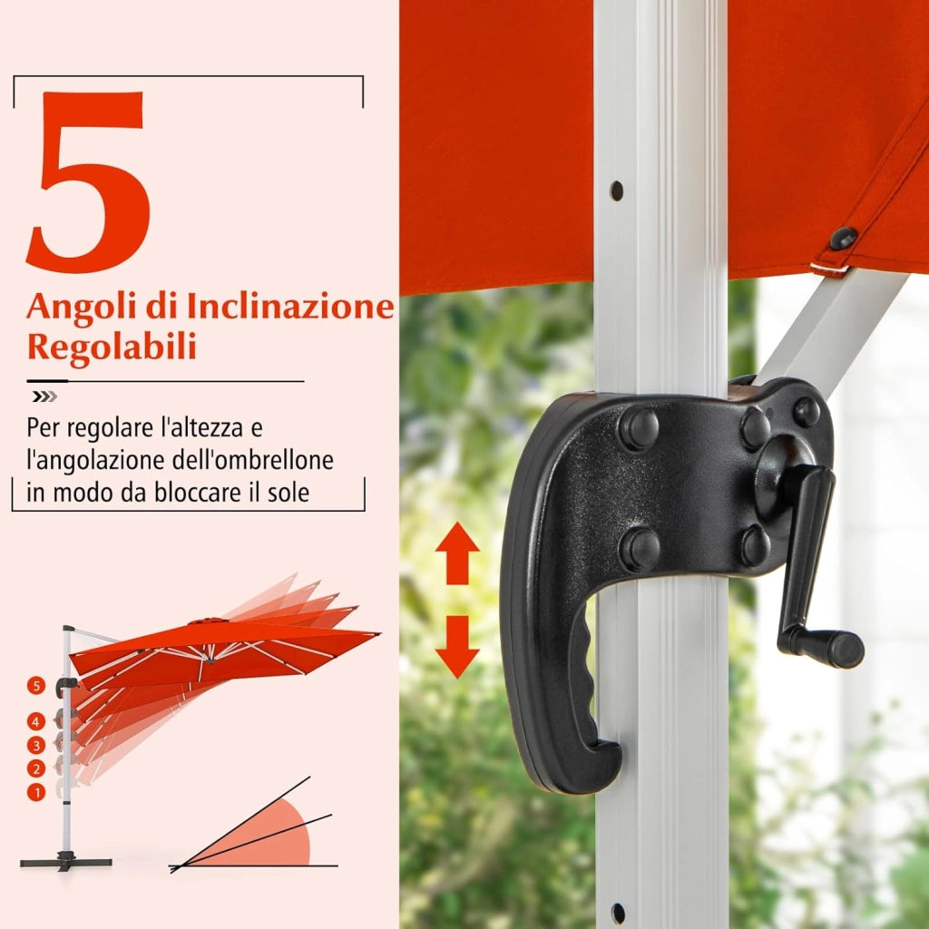 Ombrellone da Giardino, con Base Incrociata, Ombrellone Quadrato da Esterno con Palo in Alluminio e Girevole a 360°, Manovella e Inclinazione Regolabile, 300 x 300 cm (Arancione)