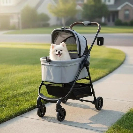 Carriola per animali 3 in 1, con sedile per auto rimovibile e rete di protezione regolabile, pieghevole a una mano