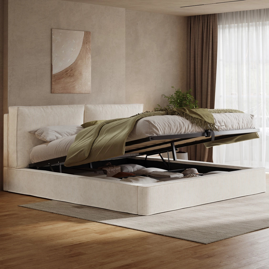 DESMIU Letto contenitore 180 × 200 cm 2 posti con vano idraulico e testiera, senza materasso, in velluto a coste beige