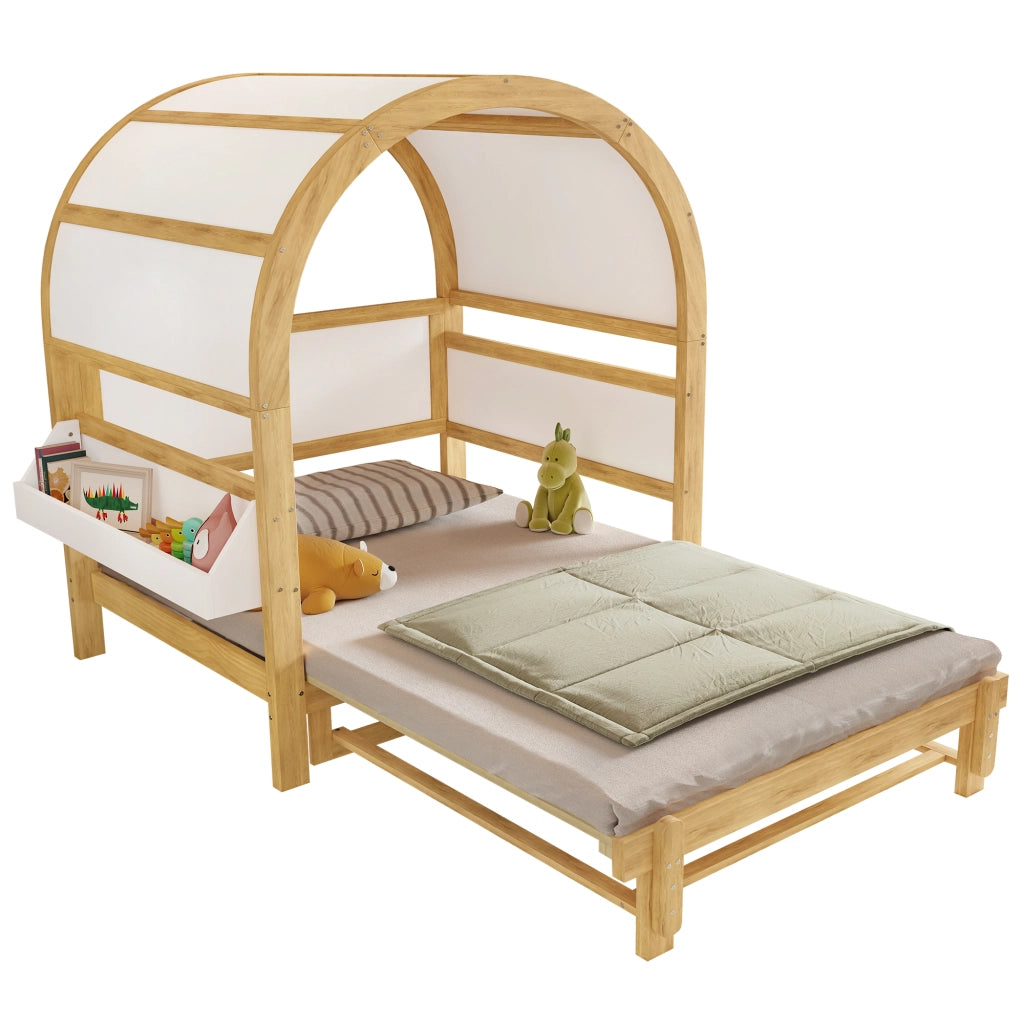 Letto Casetta 140x200 cm; Letto Singolo - Estraibile e Mensola Laterale - in Legno - Bianco e Naturale
