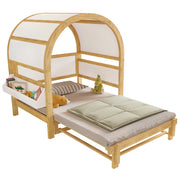Letto Casetta 140x200 cm; Letto Singolo - Estraibile e Mensola Laterale - in Legno - Bianco e Naturale