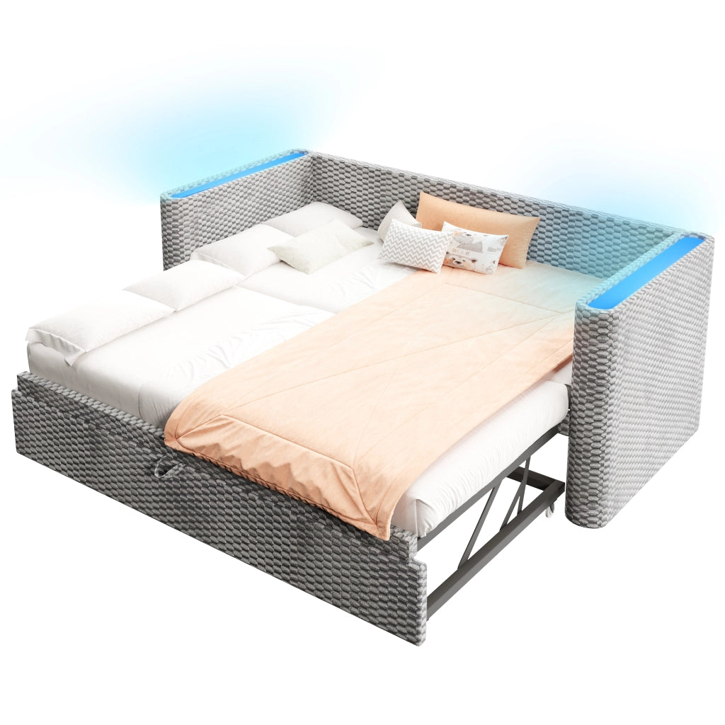 OKWISH Letto Estraibile 90×200 cm, Letto Singolo con LED Multicolore, si trasforma in 180×200 cm, senza Materasso, in Velluto, Grigio