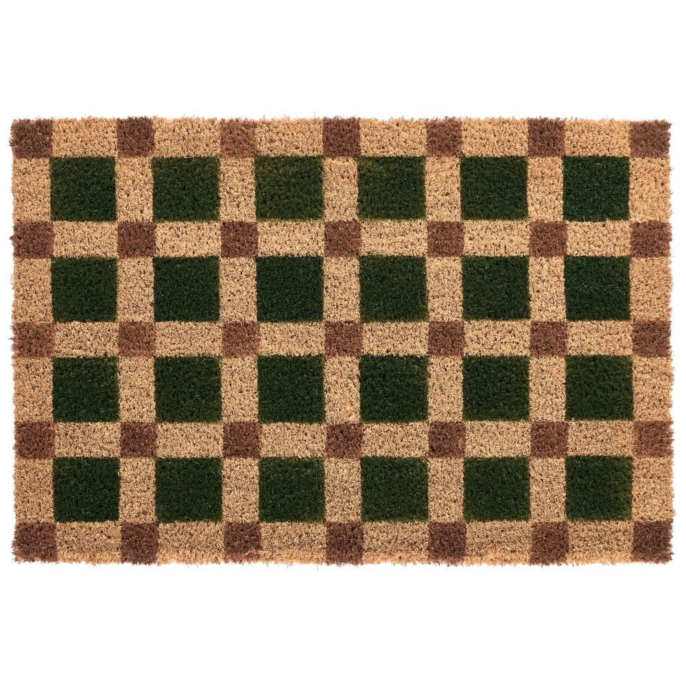 Zerbino in fibra di cocco beige e verde con fondo antiscivolo, 40 x 60 cm. Zerbino decorativo antiscivolo con motivo a quadri