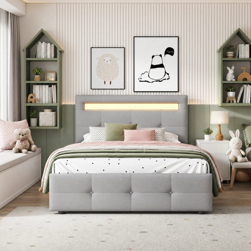 LETTO 90x200 cm con LED e 2 cassetti in tessuto grigio