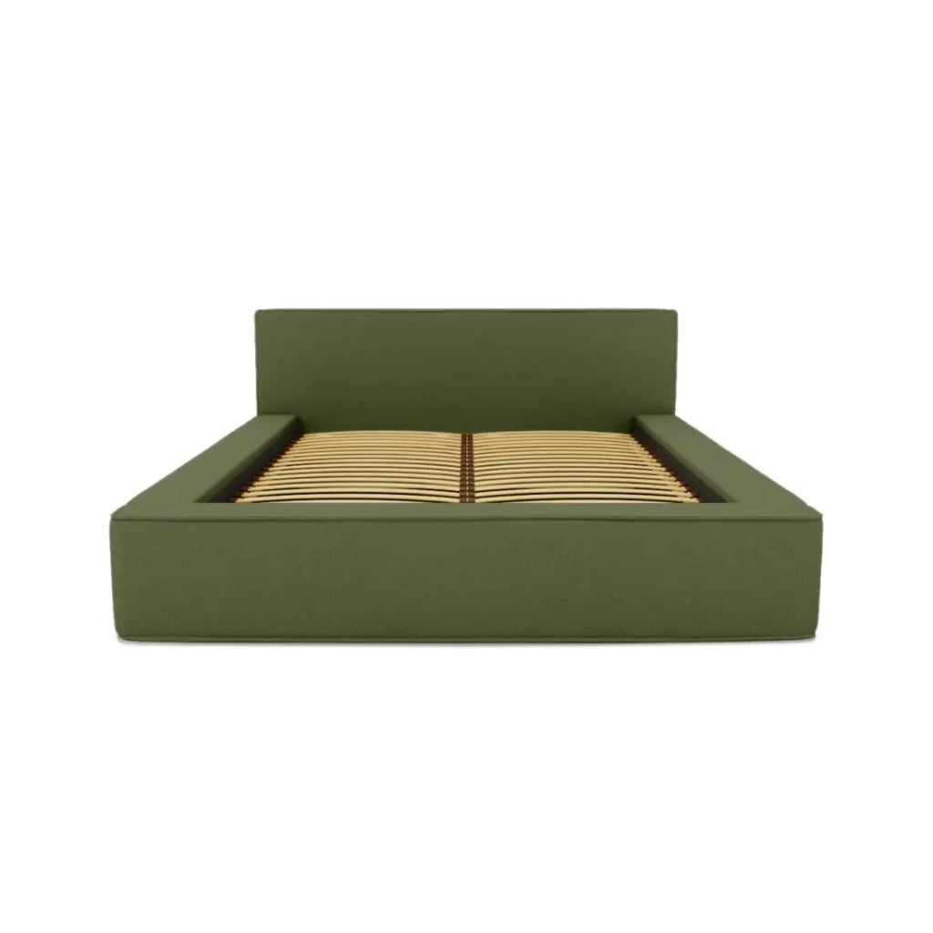 Letto contenitore VELORA – Olive bouclé – 180x200 cm – Tessuto velluto morbido – Rete sollevabile – Contenitore integrato