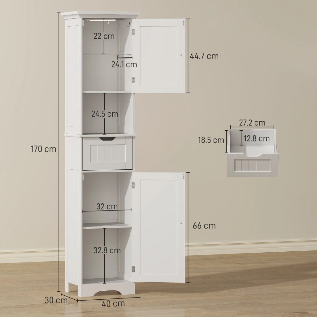 Mobile Colonna Bagno con Armadietti, Cassetto e Ripiano ¨C Minimal ¨C Bianco, Legno, 40x30x170 cm