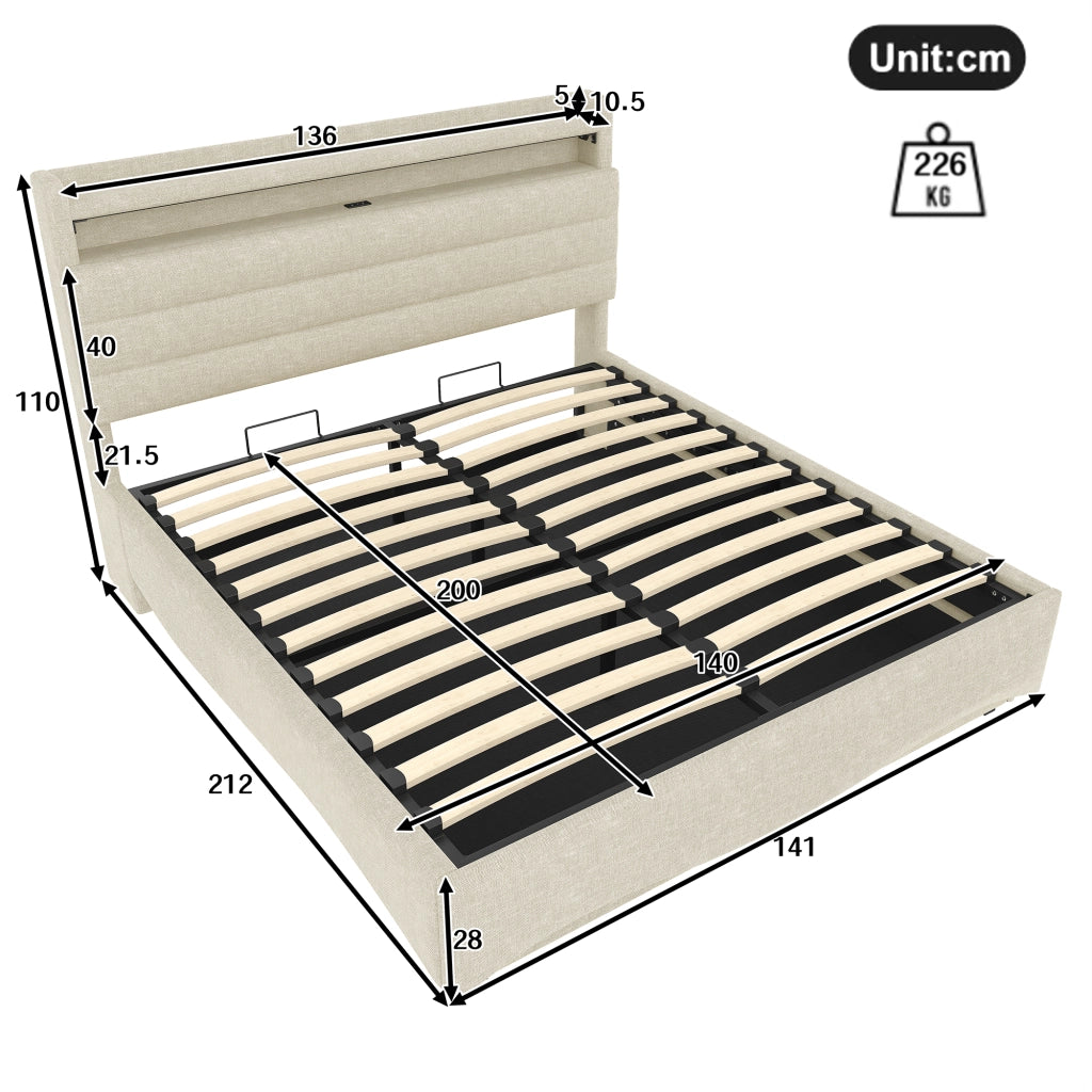 LETTO Contenitore 140x200 cm Lino Beige con LED, USB e Type-C