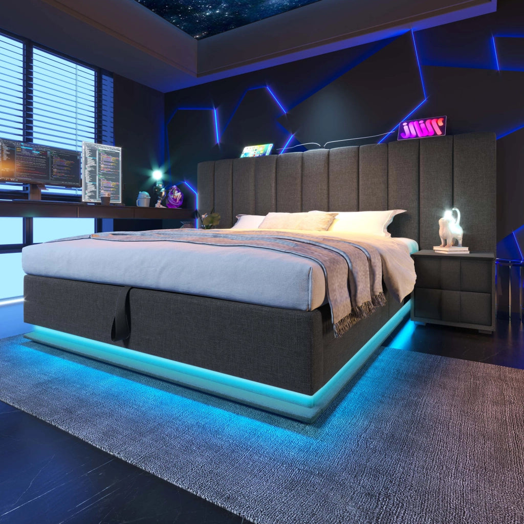 Letto doppio imbottito; 180x200cm; Controllo App LED USB C Storage Grigio; grigio