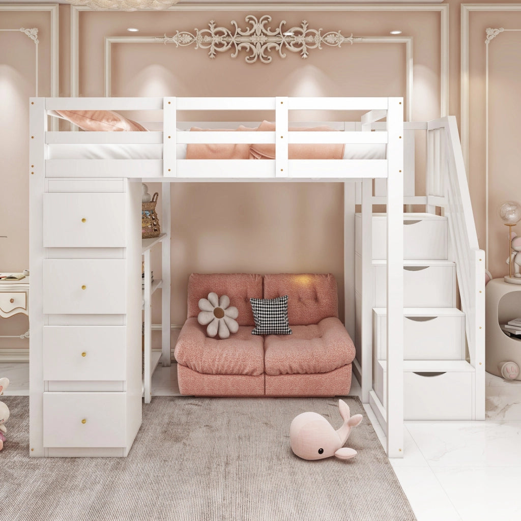 Letto a soppalco 90×200 cm e 140×200 cm con 4 cassetti; ripiani e scala; senza materasso; legno; bianco