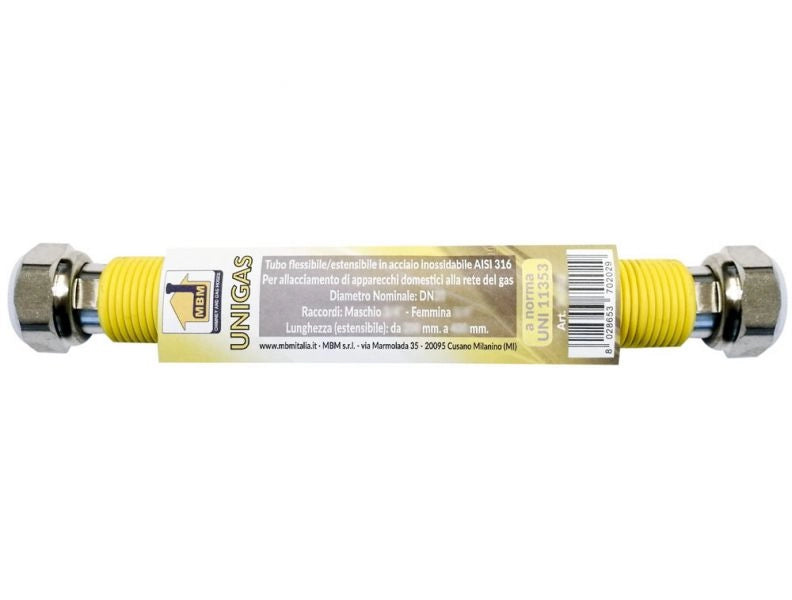 Tubo flessibile gas  estensibile INOX 1/2''  200 / 400 mm.F/F giallo inox norma UNI 11353
