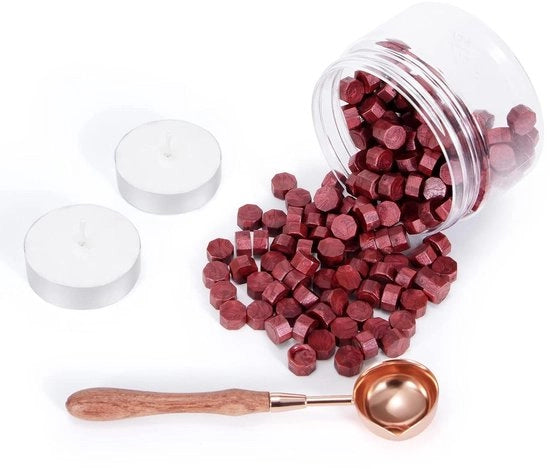 200 pezzi di perle di sigillatura a otto lati in oro rosa con 1 cucchiaio e candele per sigillatura in rosso ciliegia