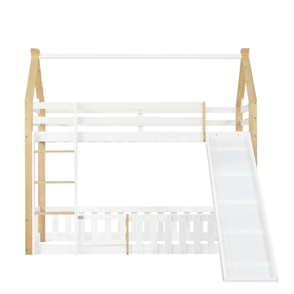 Letto a castello bambino 90×200 cm con scivolo; tetto e spazio libero; senza materasso; bianco naturale