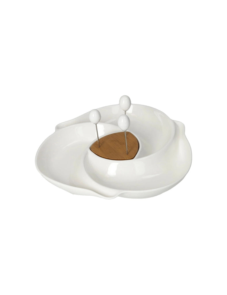 Antipastiera vortice porcellana/bamboo tre forchettine inox
