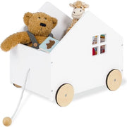Cassa per bambini in legno a forma di casa con corda e ruote in gomma in legno, adatta da 3 anni, Bianca