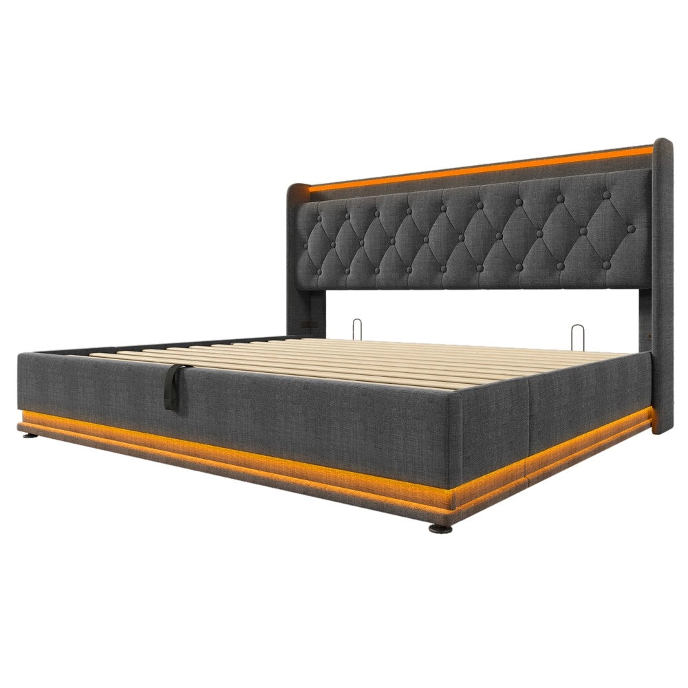Letto Imbottito Contenitore 180x200 con LED e Testiera ¨C MINIMAL ¨C Grigio, Idraulico, USB