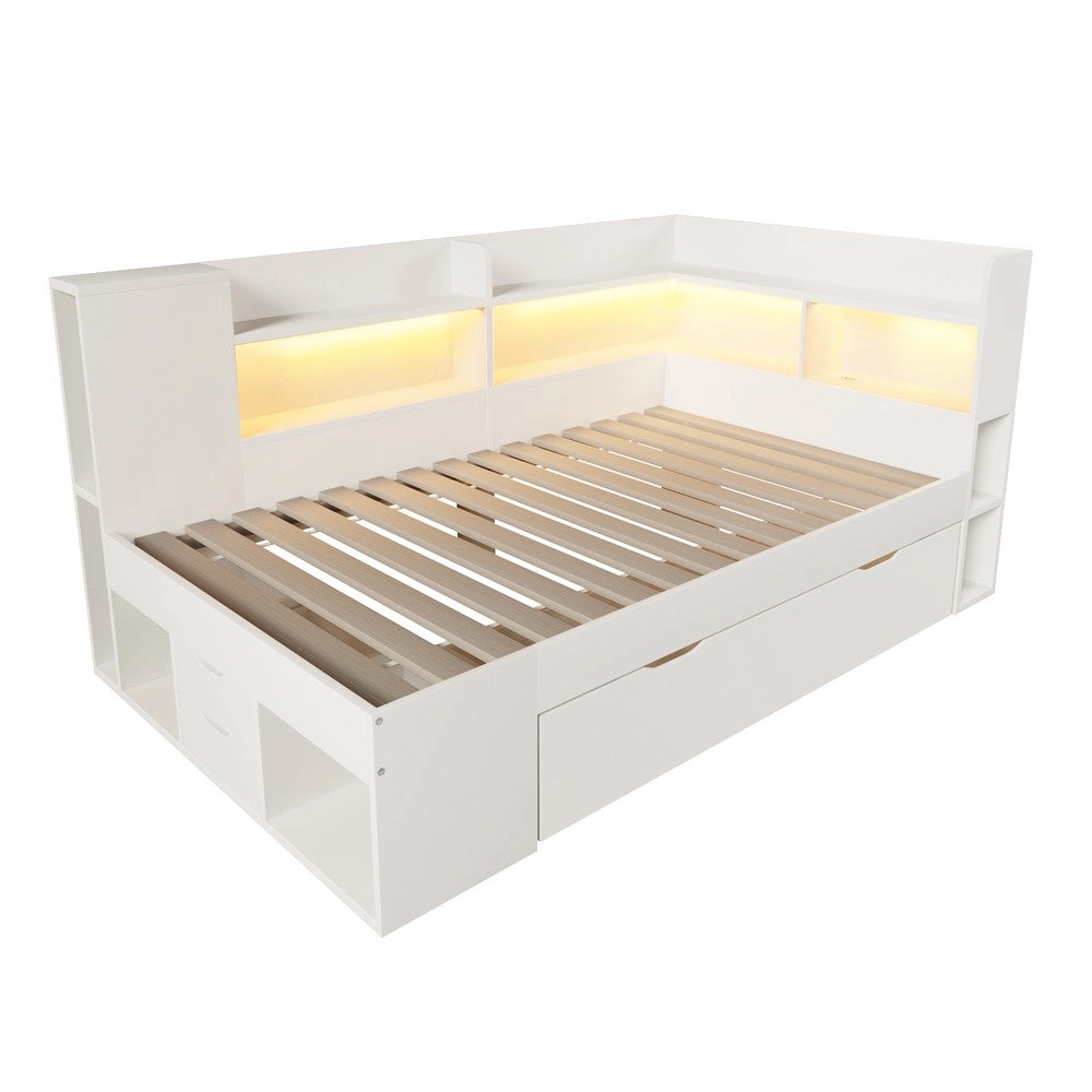 Letto Singolo con LED, USB, Cassetti e Rete a Doghe ¨C MINIMAL ¨C Bianco 90x200, con Materasso
