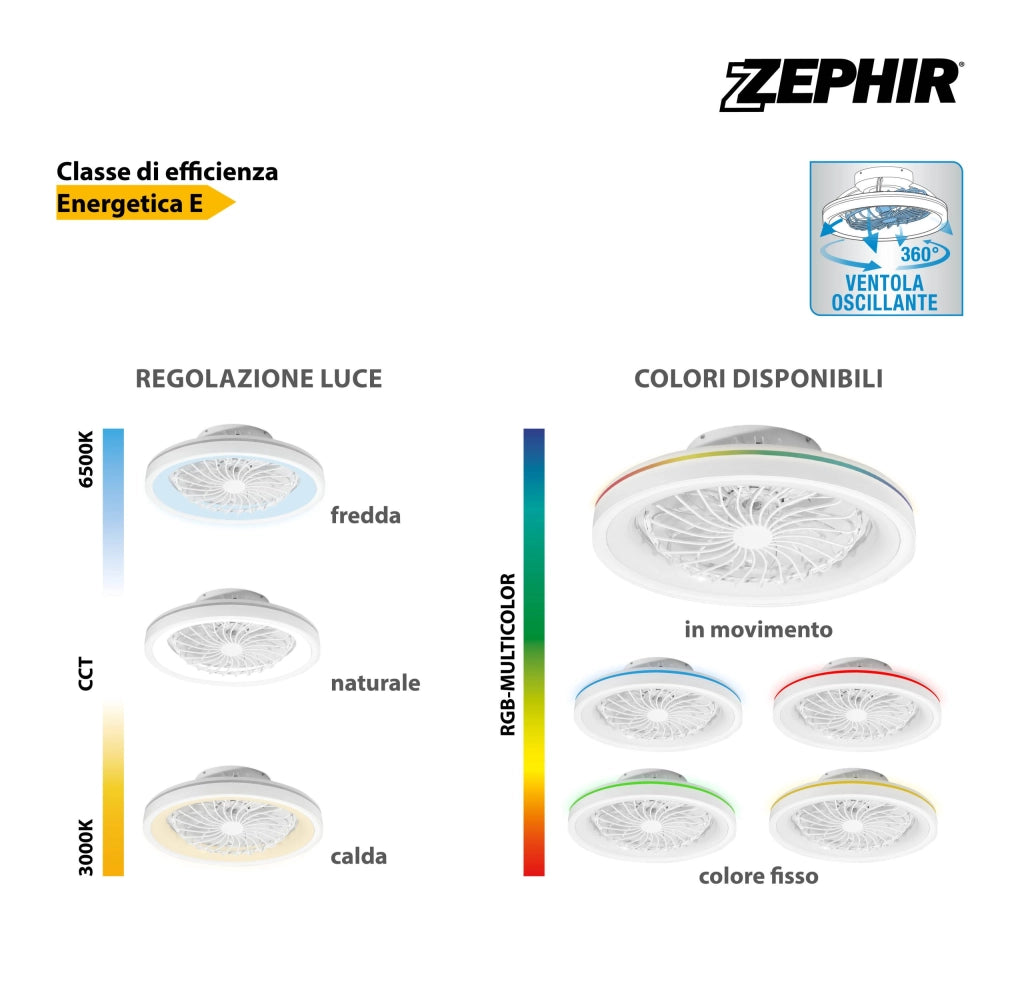 Ventilatore Plafoniera LED Zephir ZVP3 RGB+CCT 40W Dimmerabile con Telecomando, Motore DC e Funzione Reverse