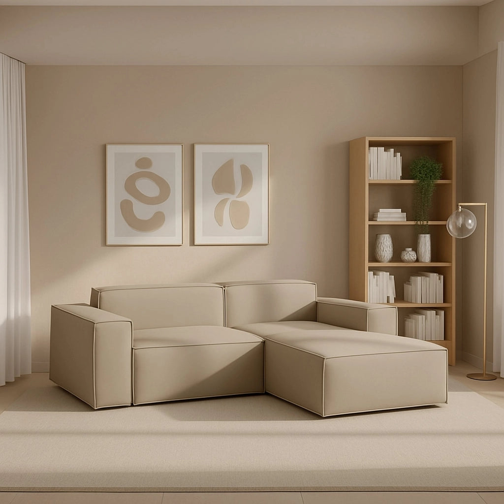 Divano fisso Amuleto, Divano componibile a 2 posti con penisola destra, Made in Italy, Sofà\  moderno in tessuto, Cm 220x170h70, Beige
