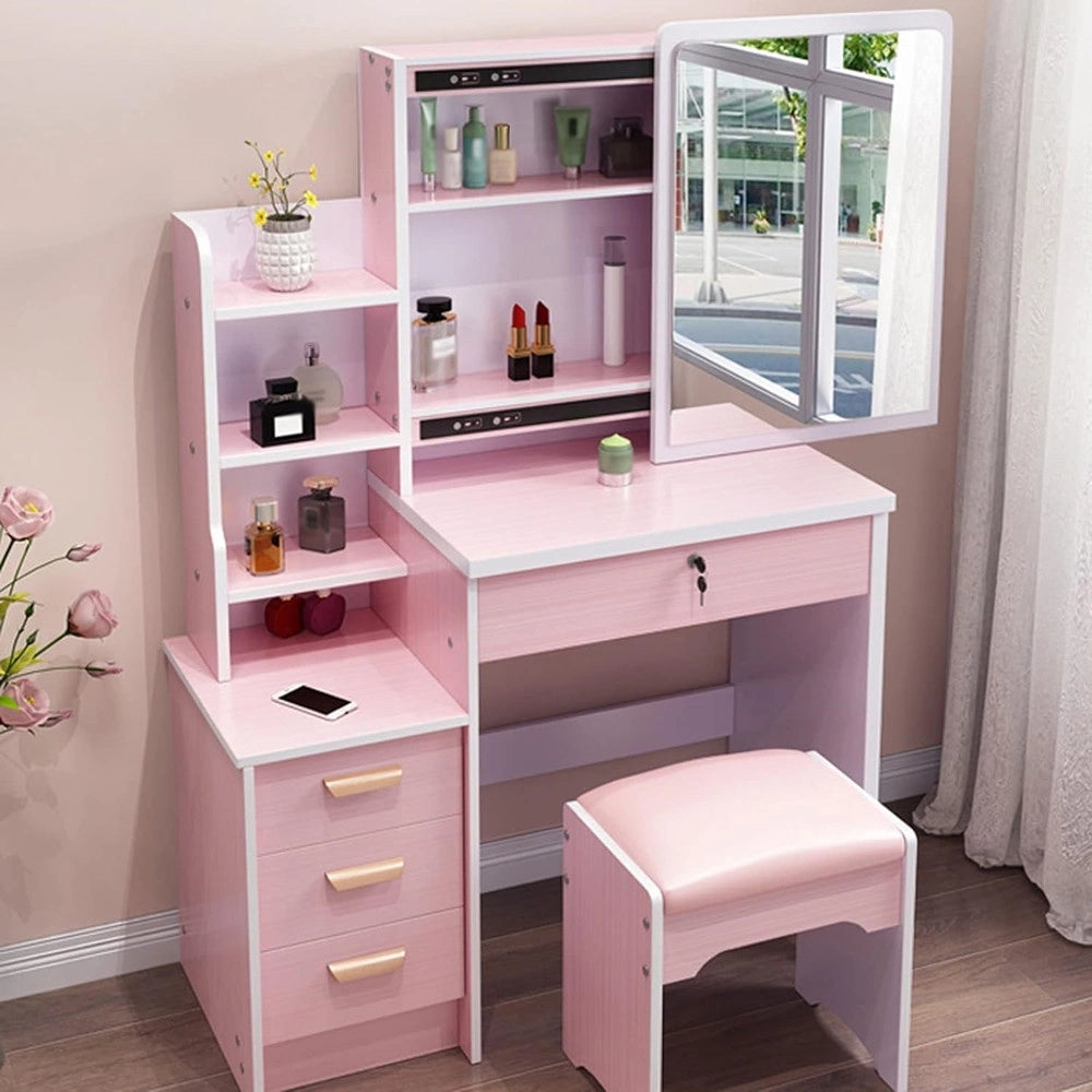 Trade Shop - Set Tavolo Da Toeletta Per Trucco Cosmetici Con Specchio Led Morbido Sgabello Cassetti - Rosa