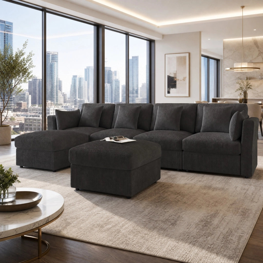 Divano modulare angolare a U 290 x 159;5 x 89 cm in tessuto corduroy grigio