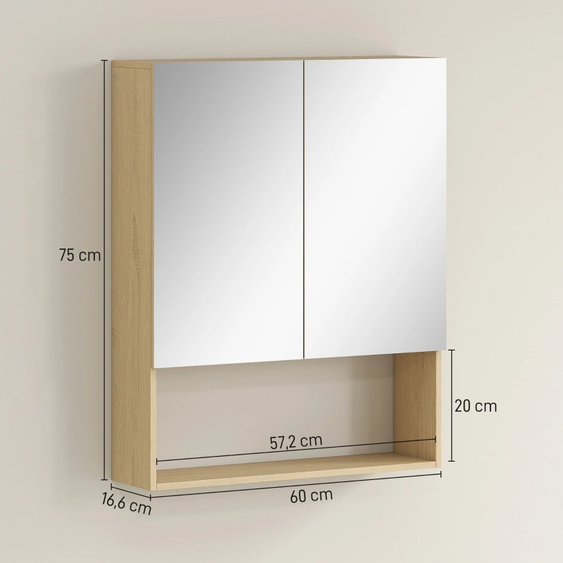 ARMADIO BAGNO A MURO CON SPECCHIO, RIPIANO APERTO, 60 x 16,6 x 75 cm, Rovere