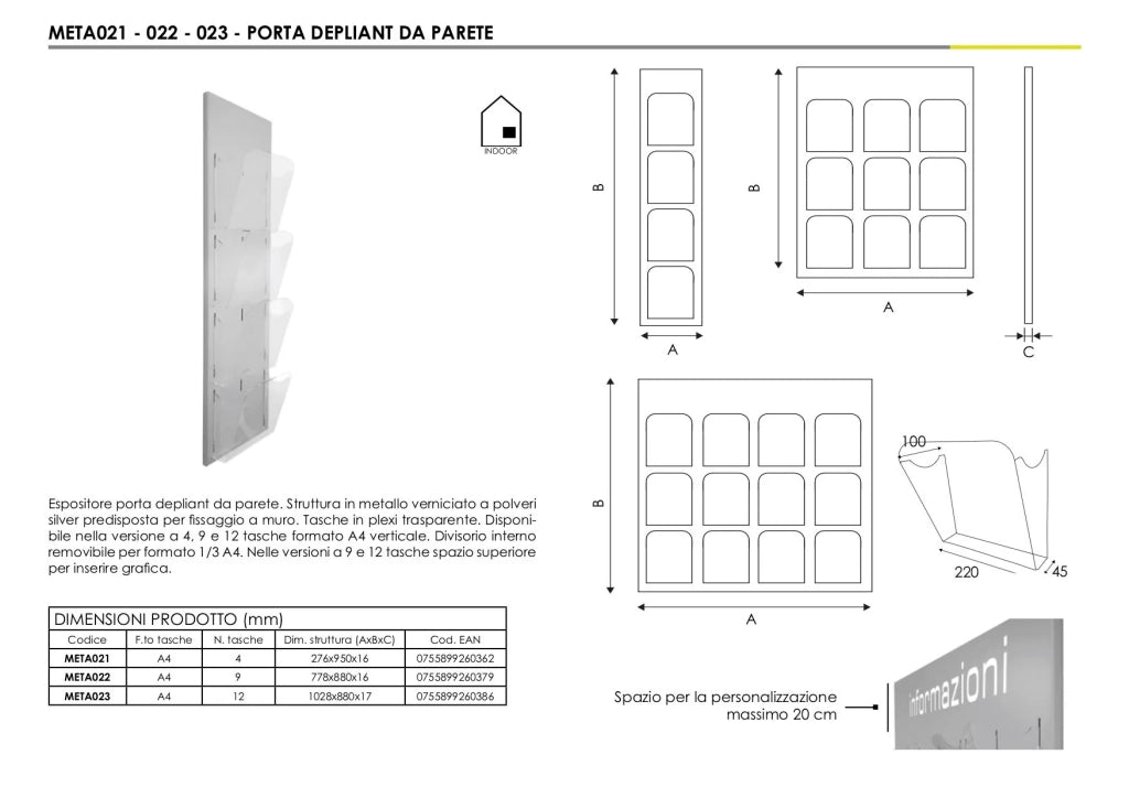 Espositore Serie METALLO da parete Tasche A4 - 4 tasche A4
