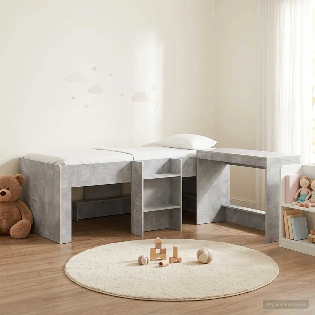 Letto alto per bambini con scrivania 2 pz Grigio Cemento 3423441
