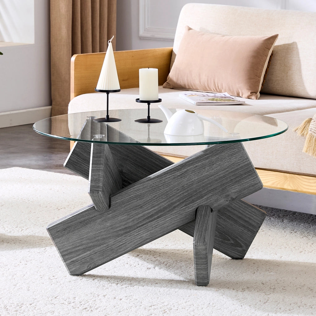 Tavolino da caffè rotondo in MDF e vetro, Ø 79 cm, grigio e trasparente