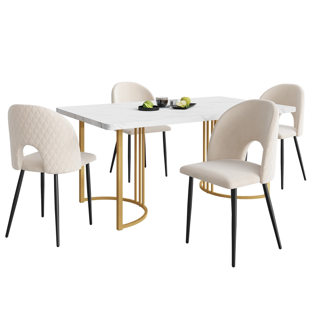 Set Tavolo da Pranzo Allungabile con 4 Sedie in Velluto ¨C MINIMAL ¨C Beige, Piano MDF Bianco, 140x80 cm