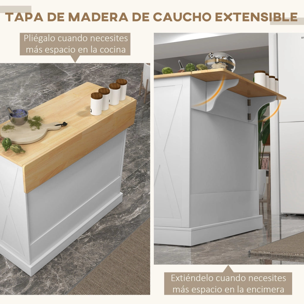 Carrello Cucina Isola con Piano Lavoro Pieghevole ¨C Xylo ¨C 2 Ante 2 Cassetti Ripiano 4 Ruote 105x60x90,5cm Bianco