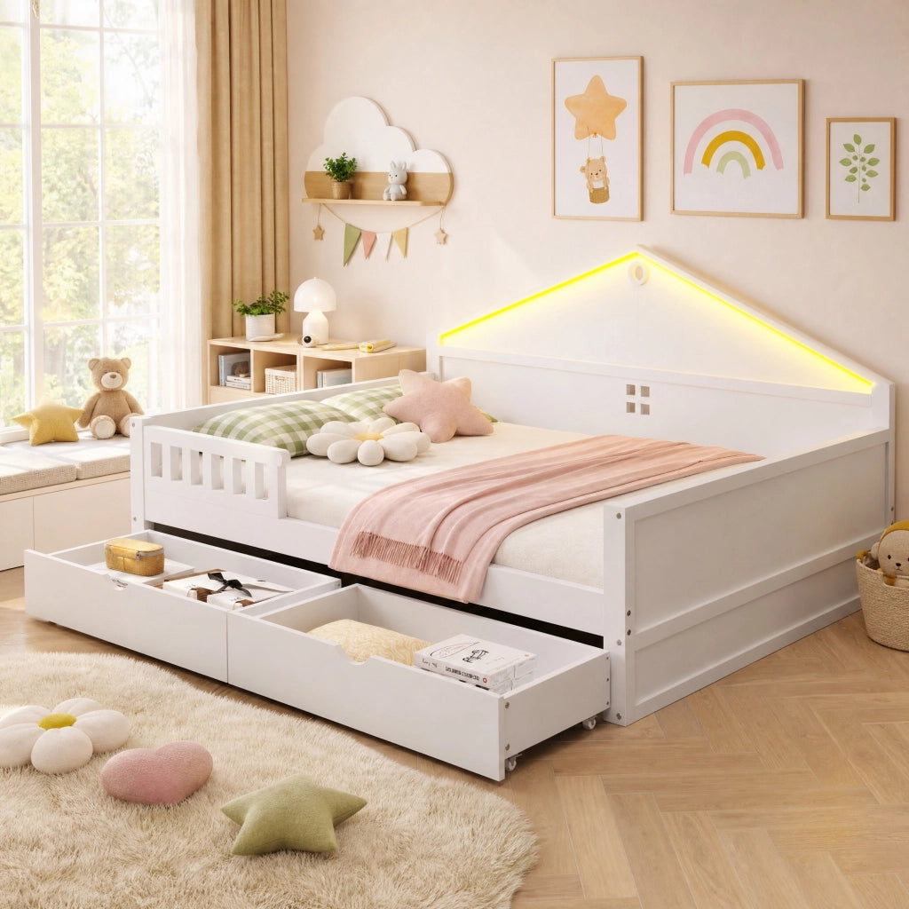 Letto singolo 140×200 cm con 2 cassetti; barra LED; senza materasso; in legno massello e MDF; bianco